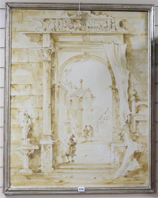 18th century style oileograph, Figures within a courtyard 89 x 69cm.